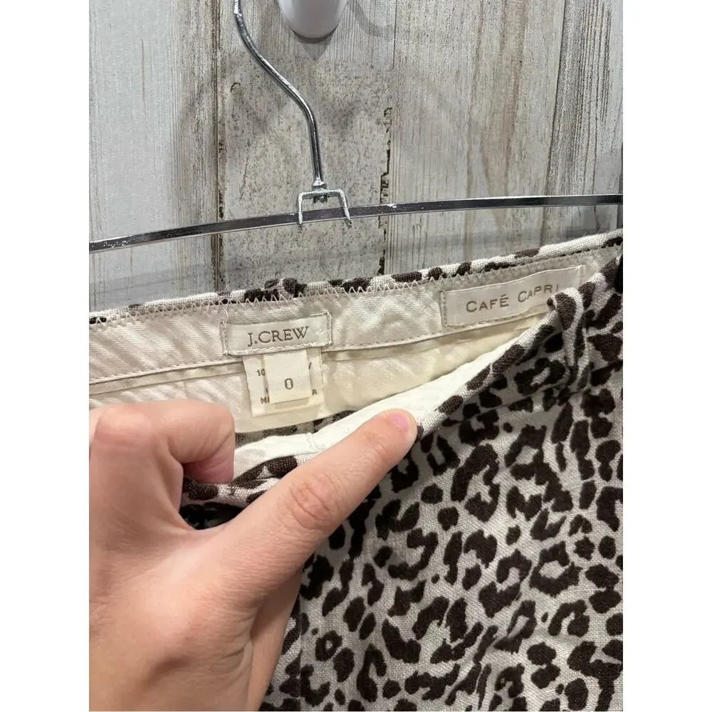 J Crew Womens 0 Pants Cafe Capri Leopard Animal Print 100% Linen Neutral